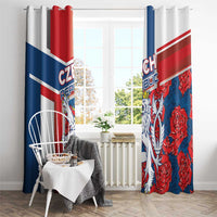 Hanging window curtain panels with Czech flag colors and lion-and-rose pattern