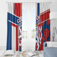 Window curtain set with vertical Czech flag stripes and lion-and-rose red and blue print