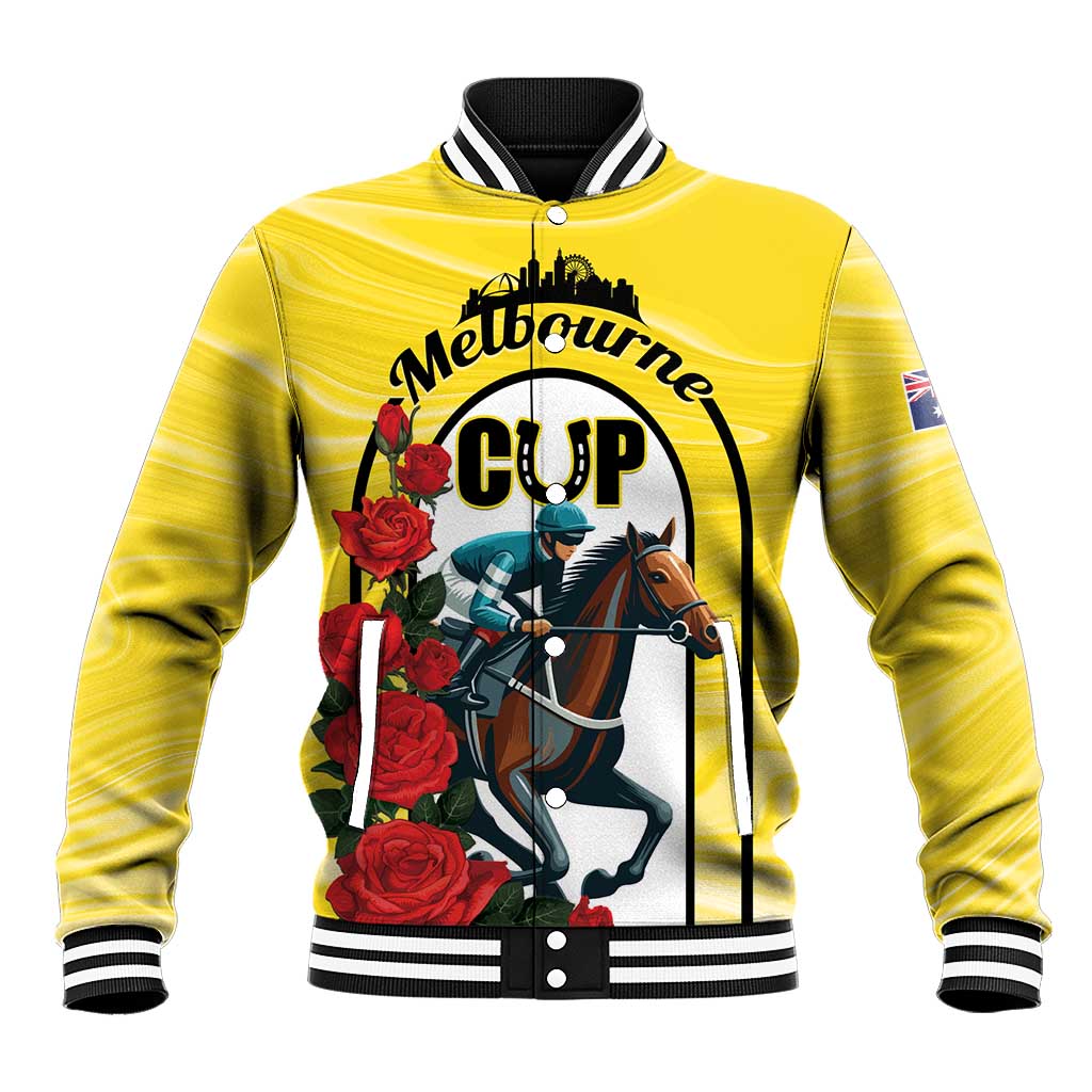 Yellow baseball jacket with black-and-white ribbed collar and front horse racing graphic