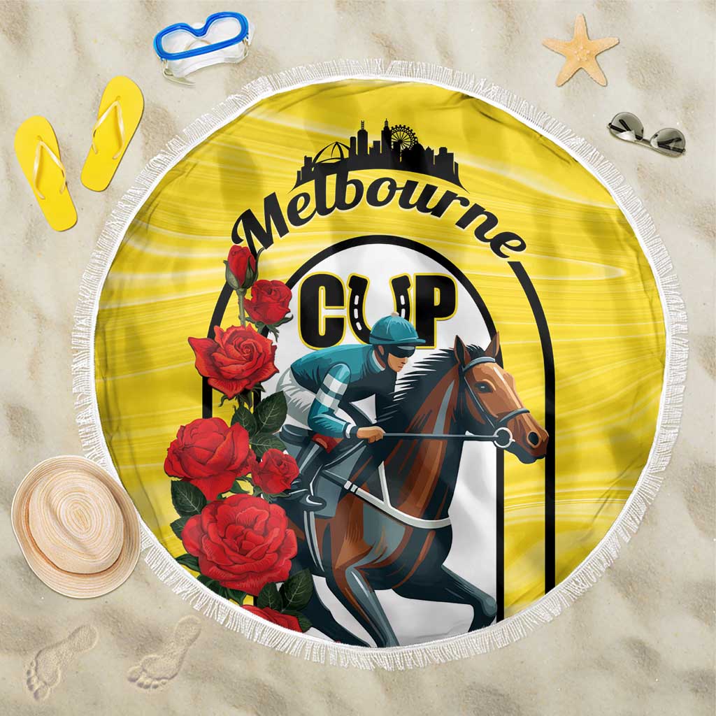Yellow round beach blanket with white fringe, Melbourne CUP horse and roses, top view
