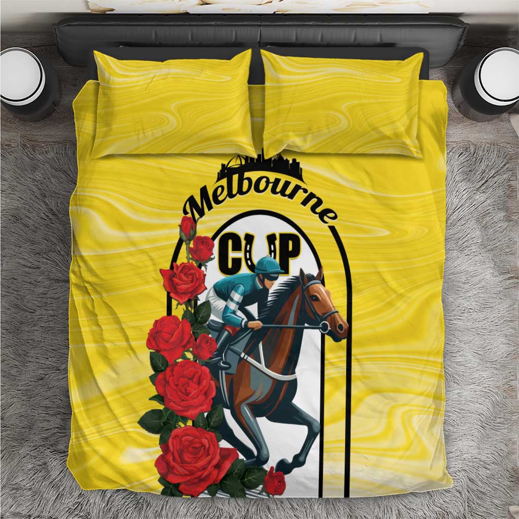 Yellow bedding set top view with jockey and horse graphic and red roses on duvet