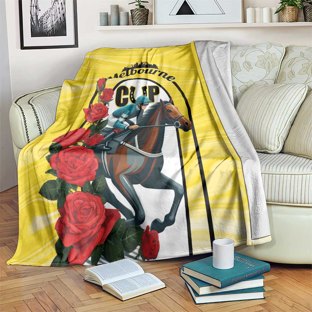 Yellow horse racing blanket with Melbourne Cup graphic, horse and red roses.