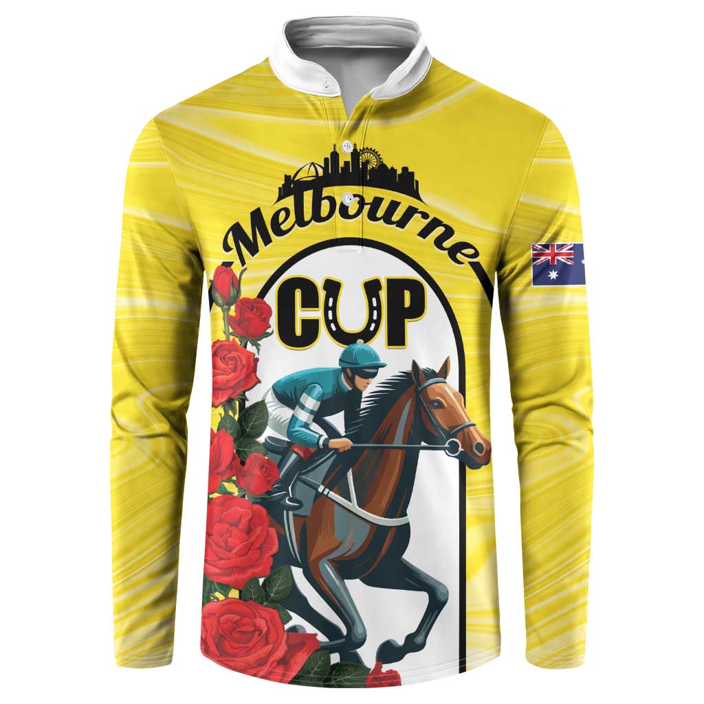 Yellow button sweatshirt with Melbourne Cup rider and horse illustration, AU flag on sleeve