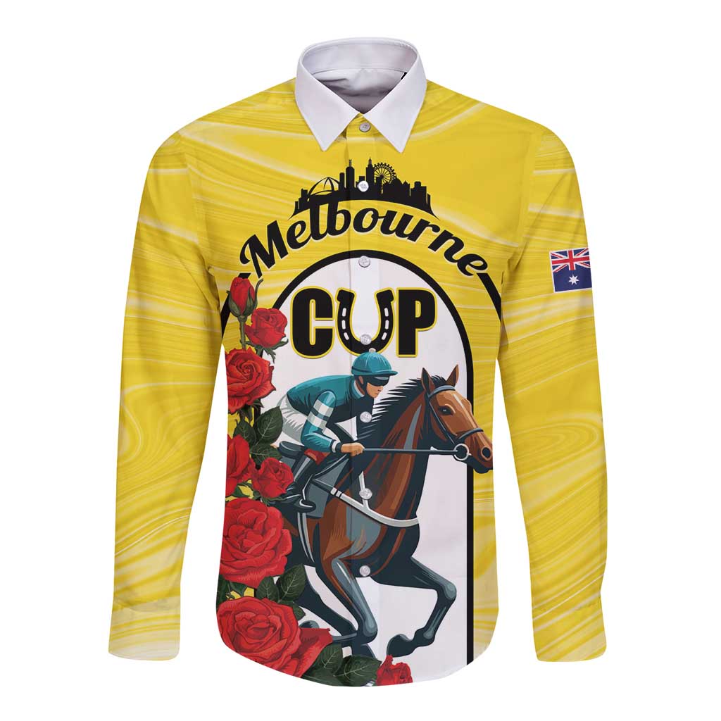 Yellow long-sleeve button shirt with Melbourne Cup graphic front and crest