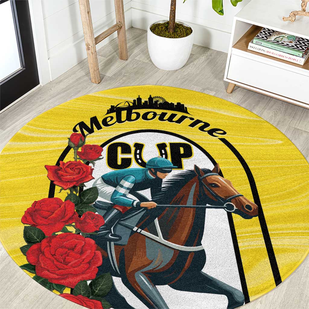 Yellow round rug with Melbourne Cup horse-and-jockey graphic and red roses