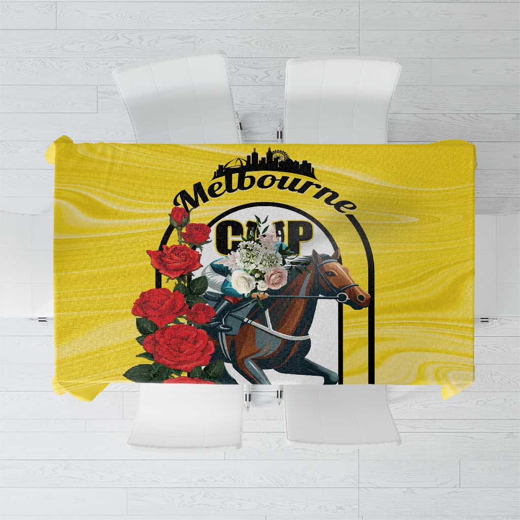 Yellow horse racing tablecloth with Melbourne logo, horse head, and red roses print