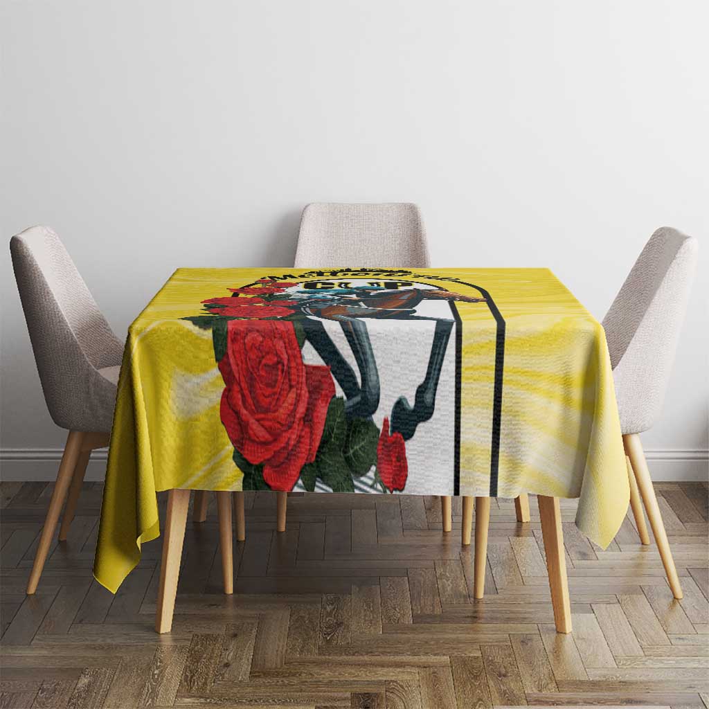 Yellow tablecloth with centered horse head and roses print, Melbourne text badge
