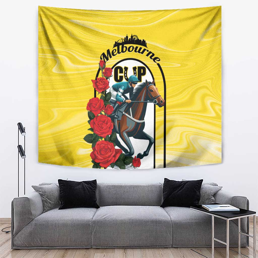 Yellow tapestry featuring Melbourne Cup logo with jockey on horse and red roses