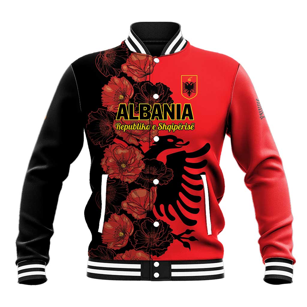 Personalised Albania Eagle Baseball Jacket Red Poppy Flowers - Wonder Print Shop