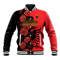 Red and black varsity baseball jacket with ribbed trim, Albania crest front and floral eagle print