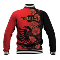 Red and black varsity baseball jacket with ribbed collar, cuffs, and eagle flower back graphic