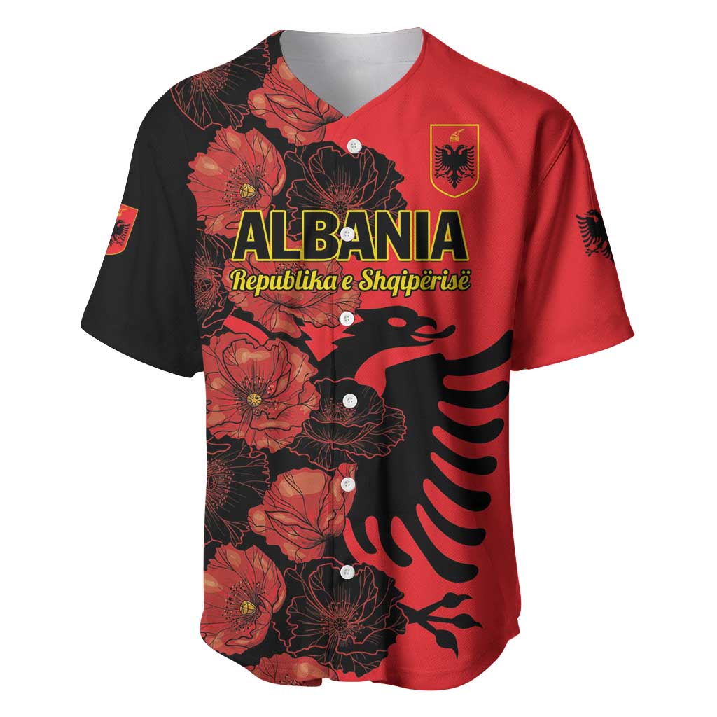 Personalised Albania Eagle Baseball Jersey Red Poppy Flowers - Wonder Print Shop