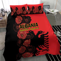 Red and black duvet cover with poppy flowers and Albanian eagle graphic, set with two pillowcases