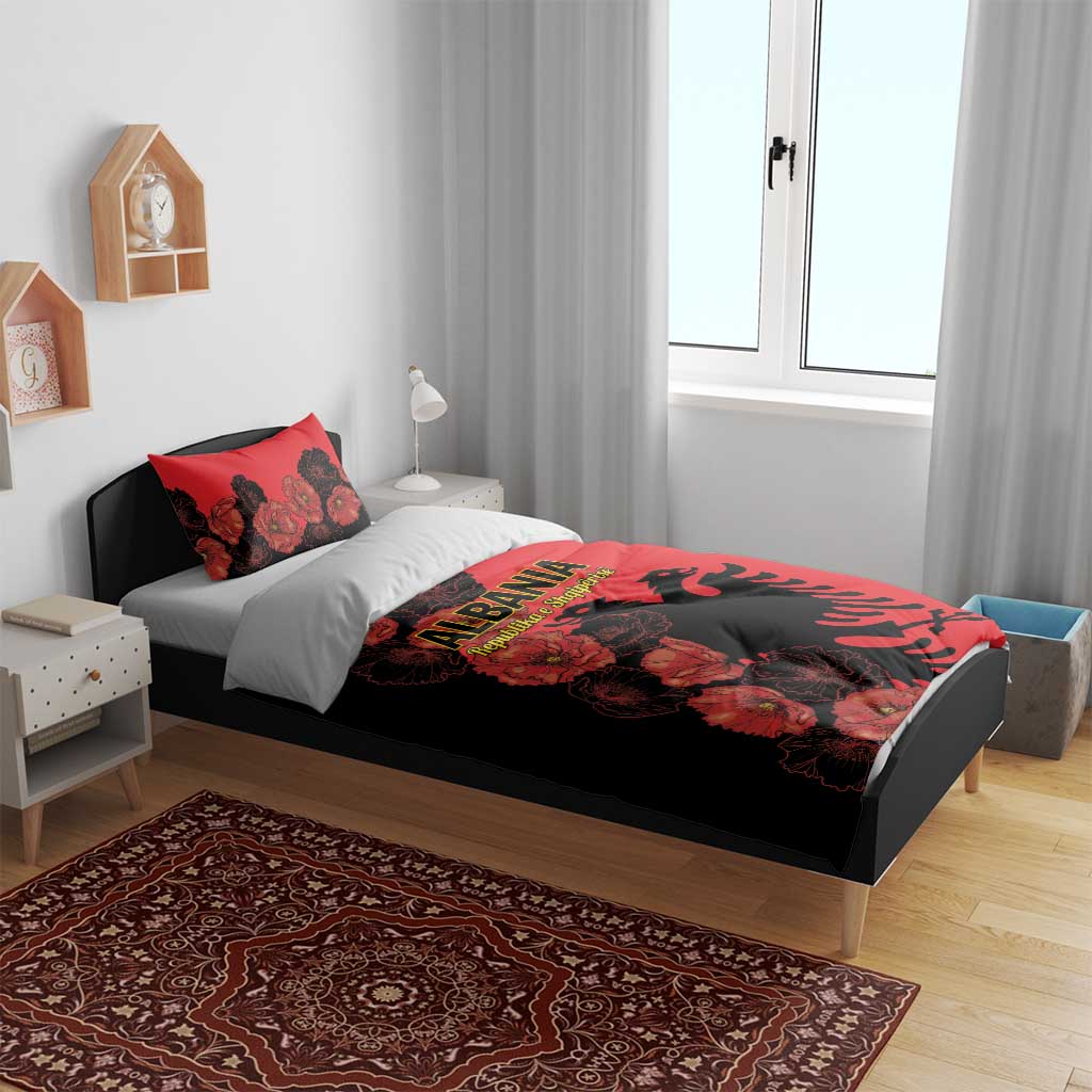 Red and black duvet cover and pillow set with poppy florals and Albanian eagle emblem