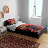 Red and black duvet cover and pillow set with poppy florals and Albanian eagle emblem