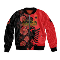 Men's red and black bomber jacket with floral print, zip front, ribbed cuffs and hem