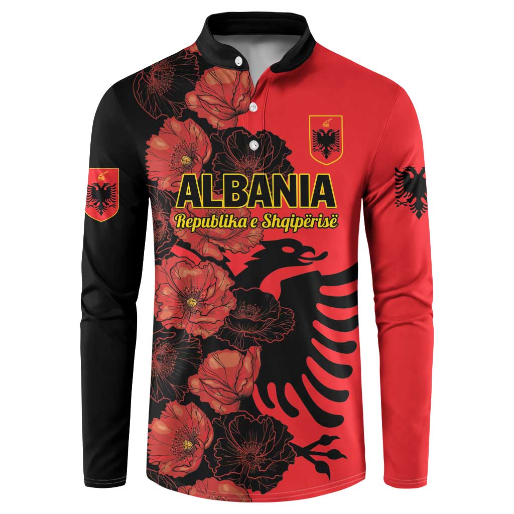 Red and black button-front sweatshirt with Albania eagle and floral graphic