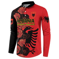 Red and black button-front sweatshirt with Albania crest, eagle and floral design