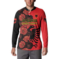 Red and black button-front sweatshirt with Albania eagle emblem and floral front