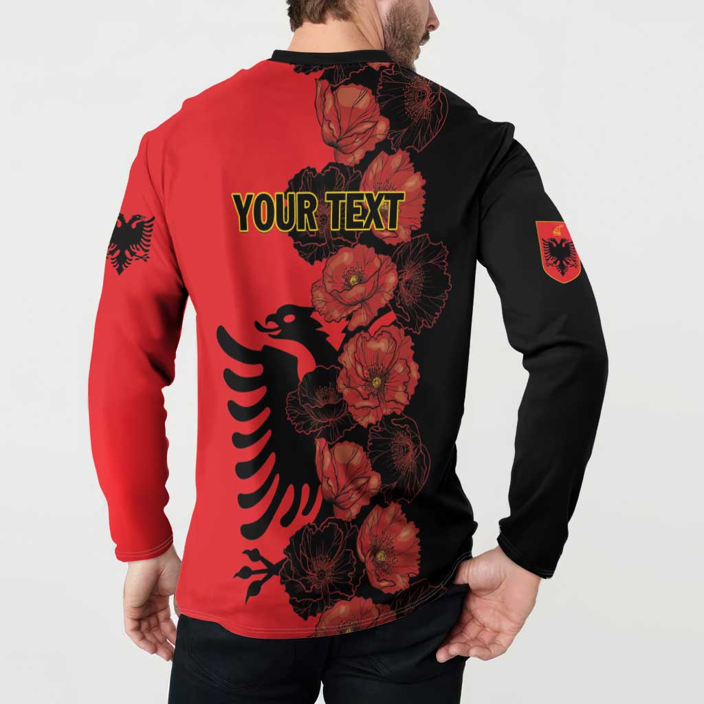 Red and black button-front sweatshirt with "YOUR TEXT" on back and floral print