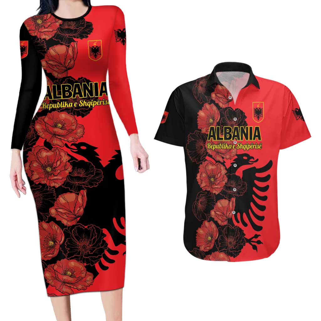 Personalised Albania Eagle Couples Matching Long Sleeve Bodycon Dress and Hawaiian Shirt Red Poppy Flowers - Wonder Print Shop