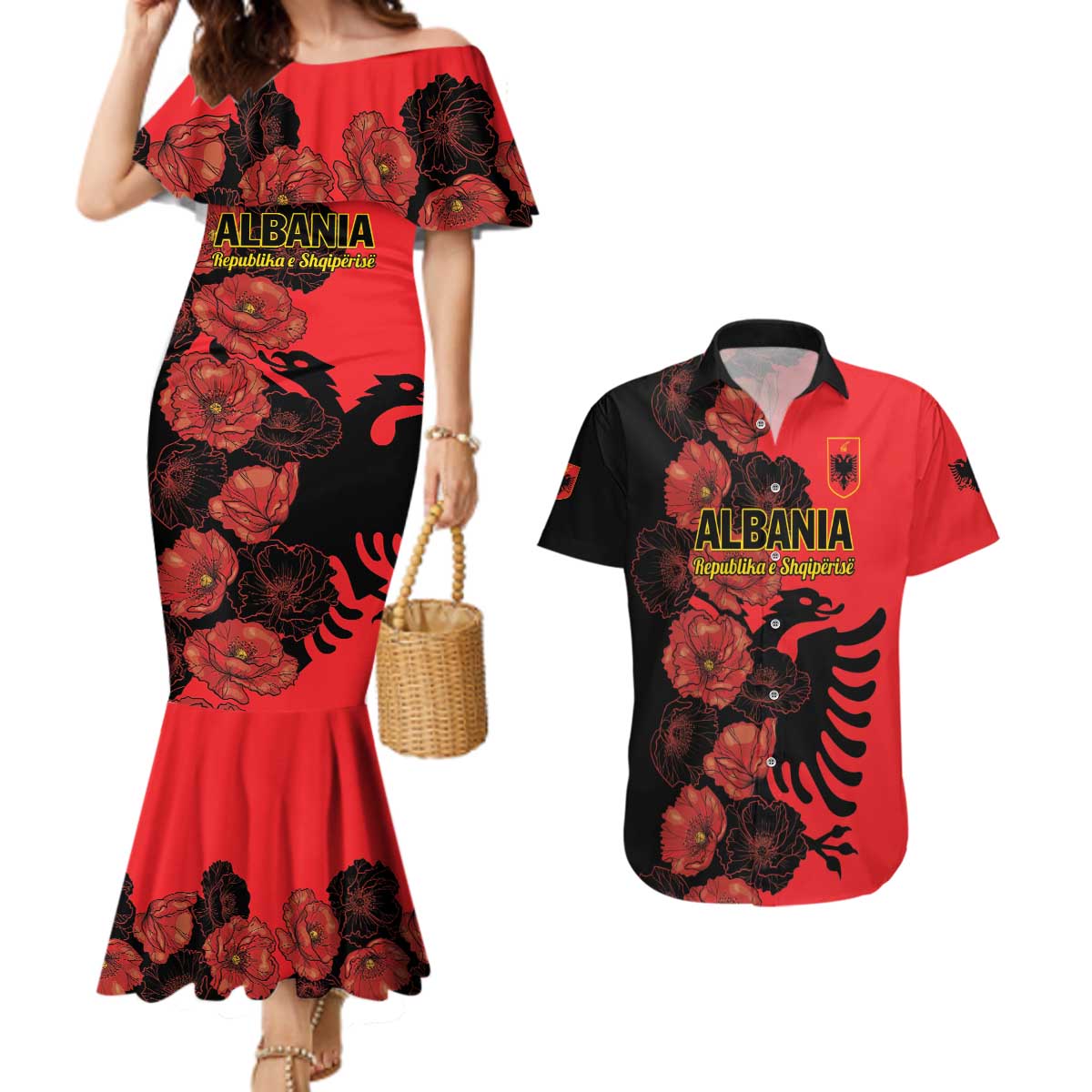 Personalised Albania Eagle Couples Matching Mermaid Dress and Hawaiian Shirt Red Poppy Flowers - Wonder Print Shop