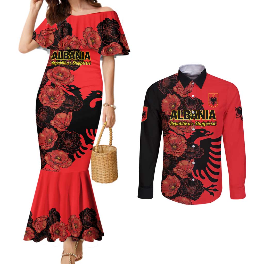 Personalised Albania Eagle Couples Matching Mermaid Dress and Long Sleeve Button Shirt Red Poppy Flowers