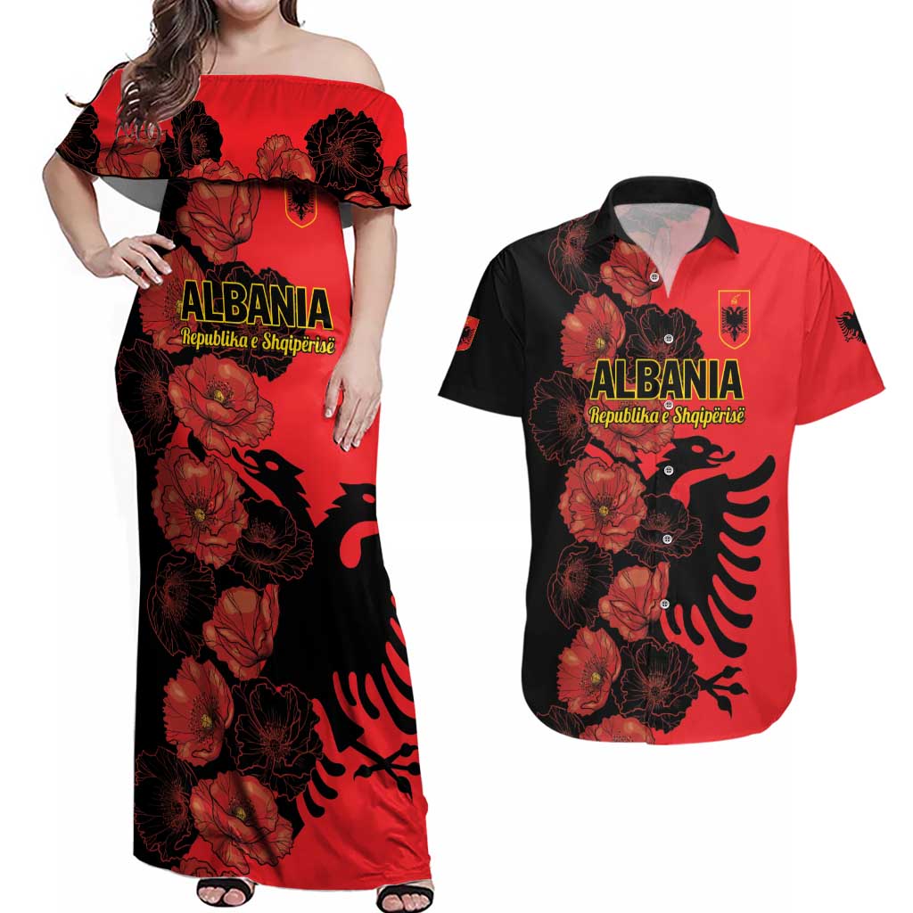 Personalised Albania Eagle Couples Matching Off Shoulder Maxi Dress and Hawaiian Shirt Red Poppy Flowers - Wonder Print Shop