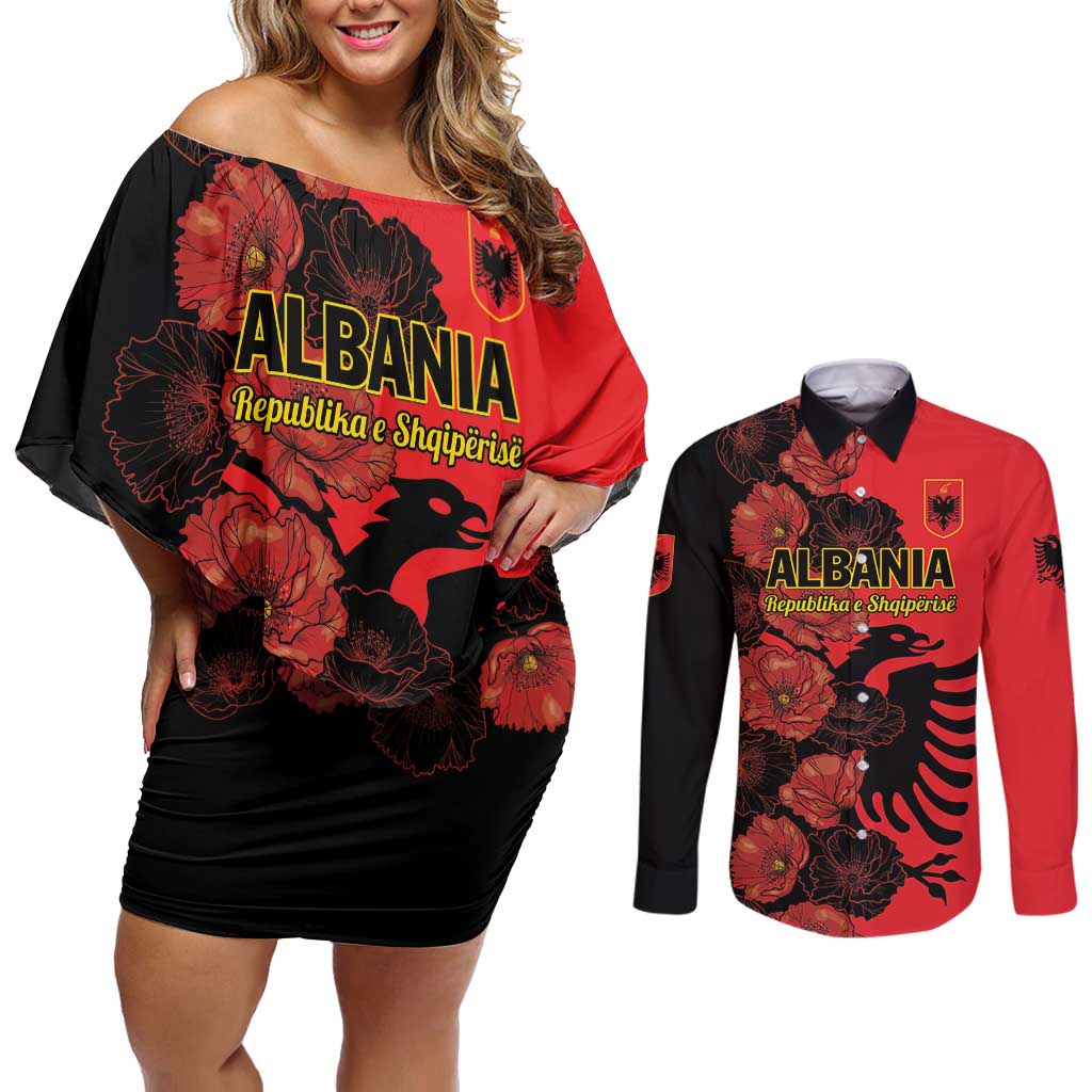 Personalised Albania Eagle Couples Matching Off Shoulder Short Dress and Long Sleeve Button Shirt Red Poppy Flowers - Wonder Print Shop