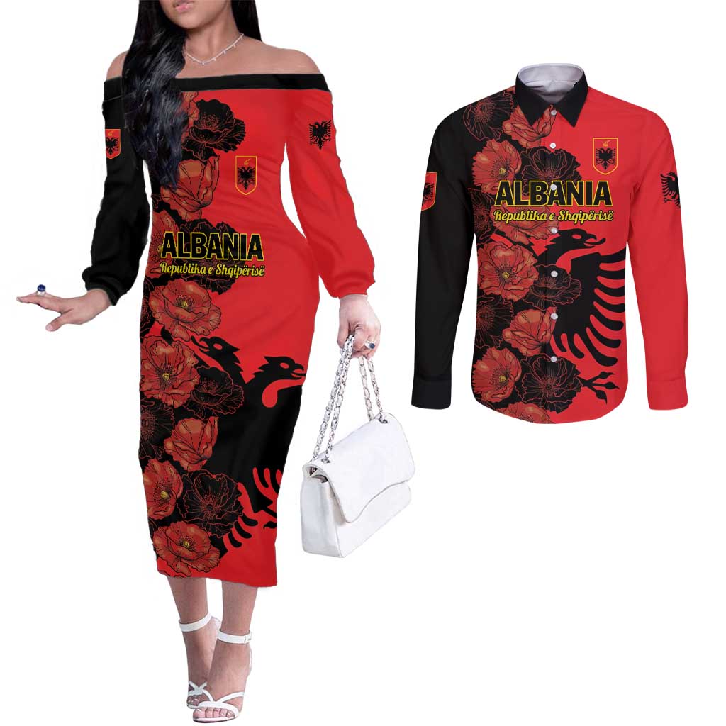 Personalised Albania Eagle Couples Matching Off The Shoulder Long Sleeve Dress and Long Sleeve Button Shirt Red Poppy Flowers