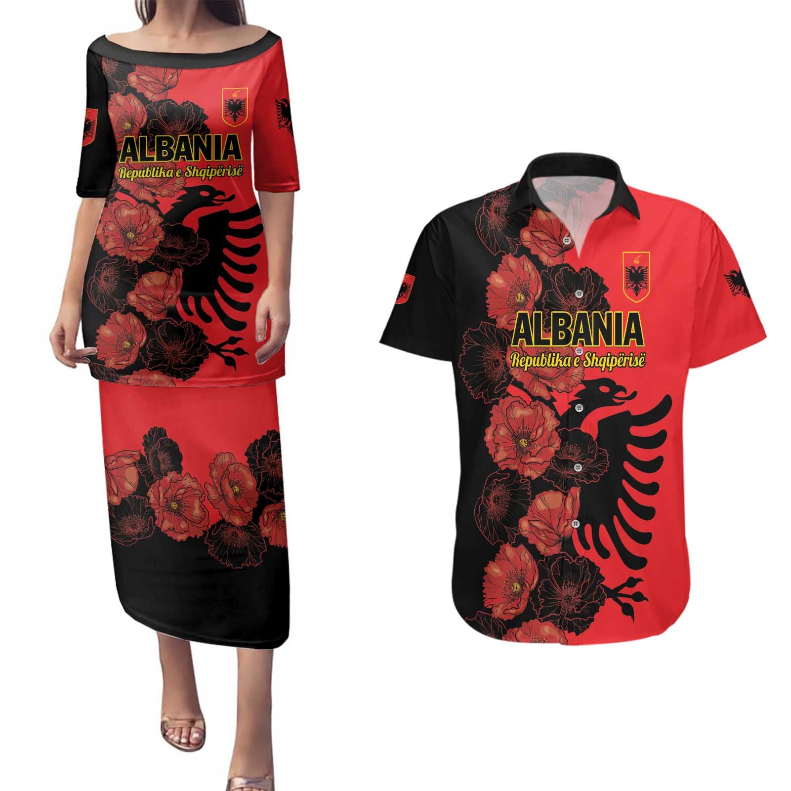 Personalised Albania Eagle Couples Matching Puletasi and Hawaiian Shirt Red Poppy Flowers - Wonder Print Shop