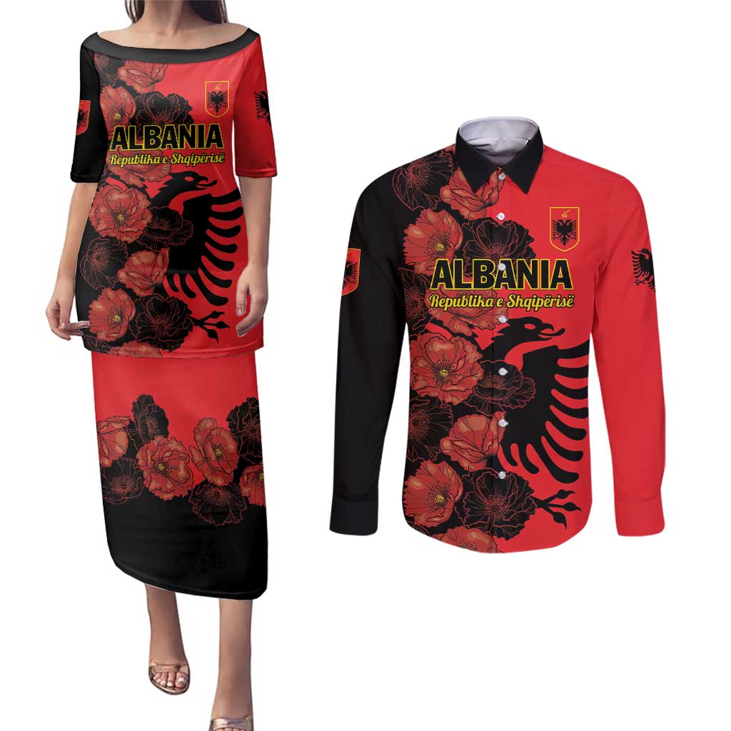 Personalised Albania Eagle Couples Matching Puletasi and Long Sleeve Button Shirt Red Poppy Flowers - Wonder Print Shop