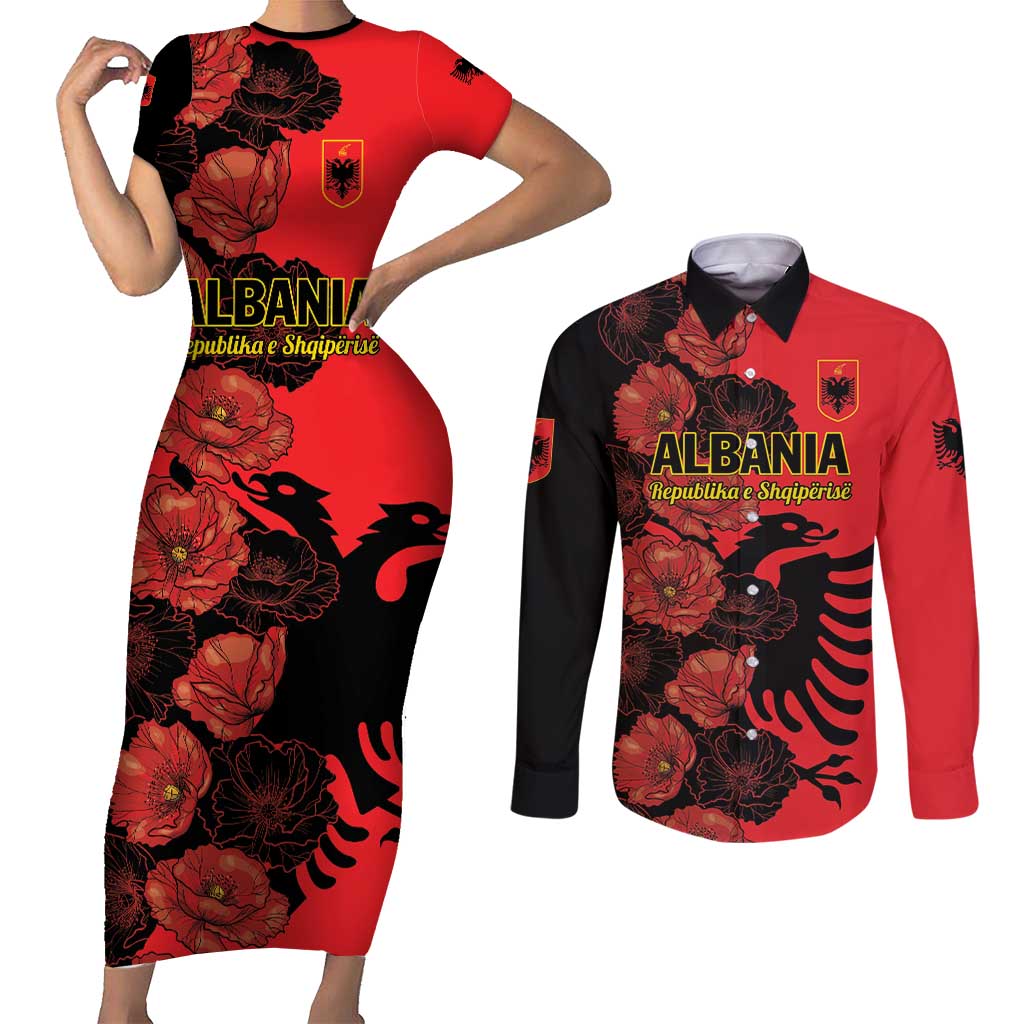 Personalised Albania Eagle Couples Matching Short Sleeve Bodycon Dress and Long Sleeve Button Shirt Red Poppy Flowers - Wonder Print Shop