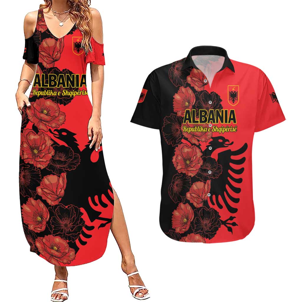 Personalised Albania Eagle Couples Matching Summer Maxi Dress and Hawaiian Shirt Red Poppy Flowers - Wonder Print Shop