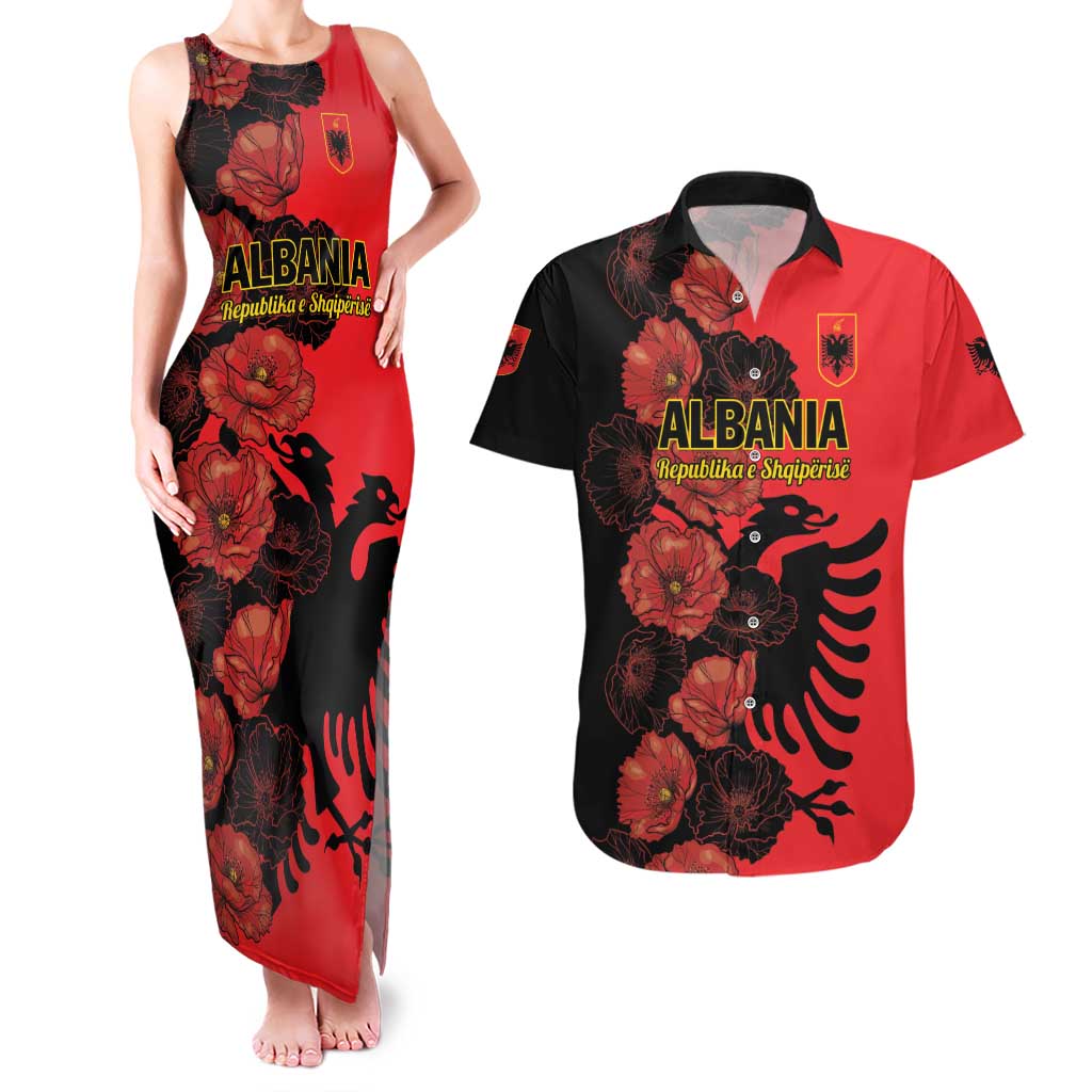 Personalised Albania Eagle Couples Matching Tank Maxi Dress and Hawaiian Shirt Red Poppy Flowers - Wonder Print Shop