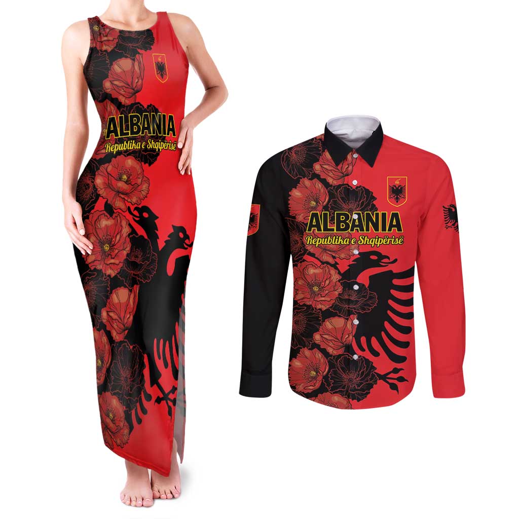 Personalised Albania Eagle Couples Matching Tank Maxi Dress and Long Sleeve Button Shirt Red Poppy Flowers - Wonder Print Shop