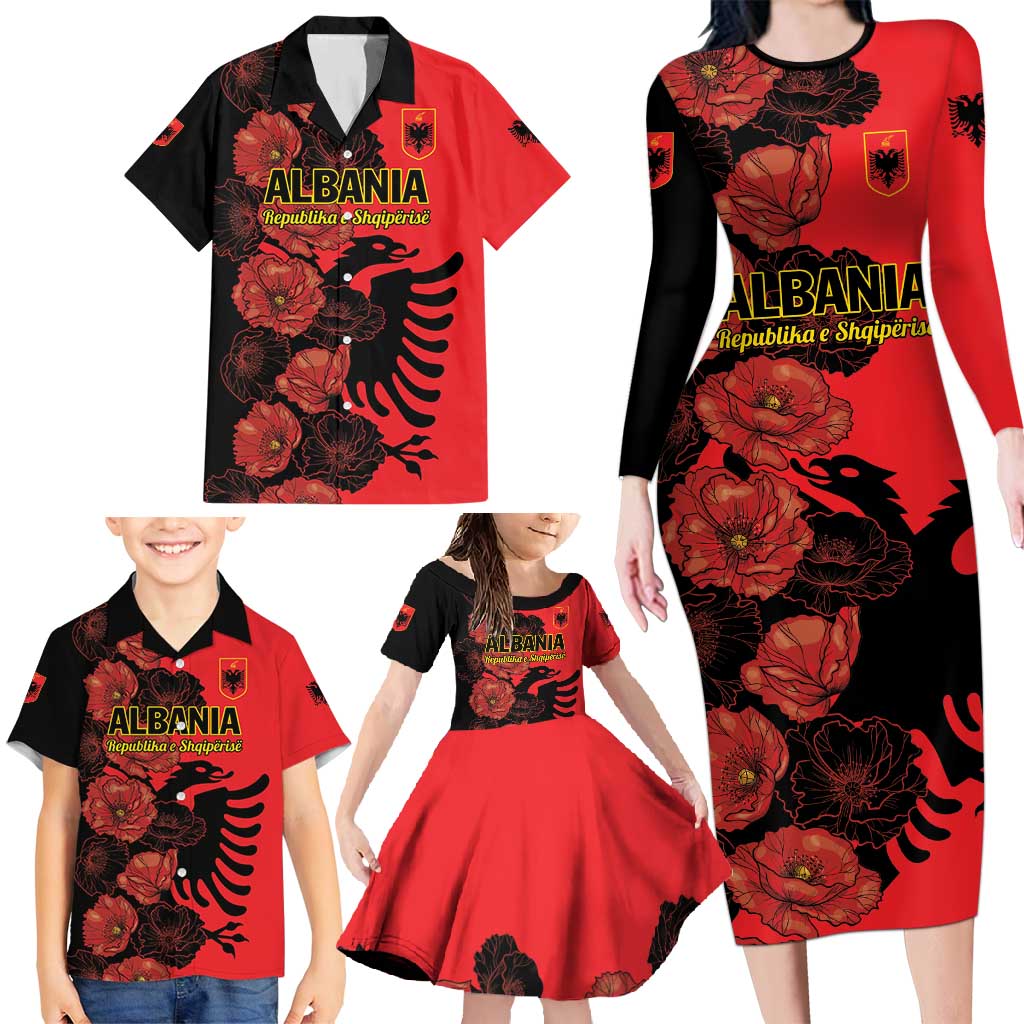 Personalised Albania Eagle Family Matching Long Sleeve Bodycon Dress and Hawaiian Shirt Red Poppy Flowers - Wonder Print Shop