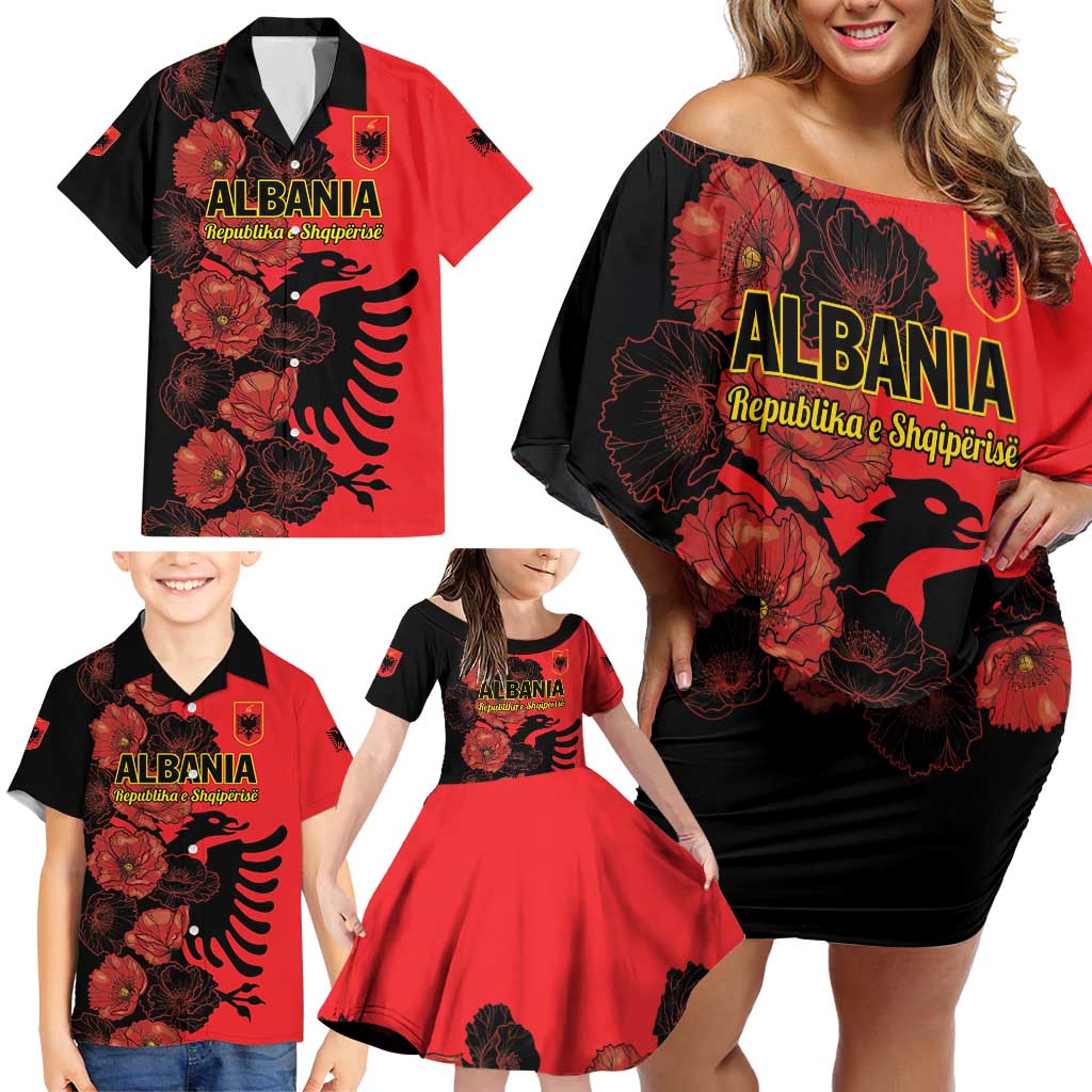 Personalised Albania Eagle Family Matching Off Shoulder Short Dress and Hawaiian Shirt Red Poppy Flowers - Wonder Print Shop