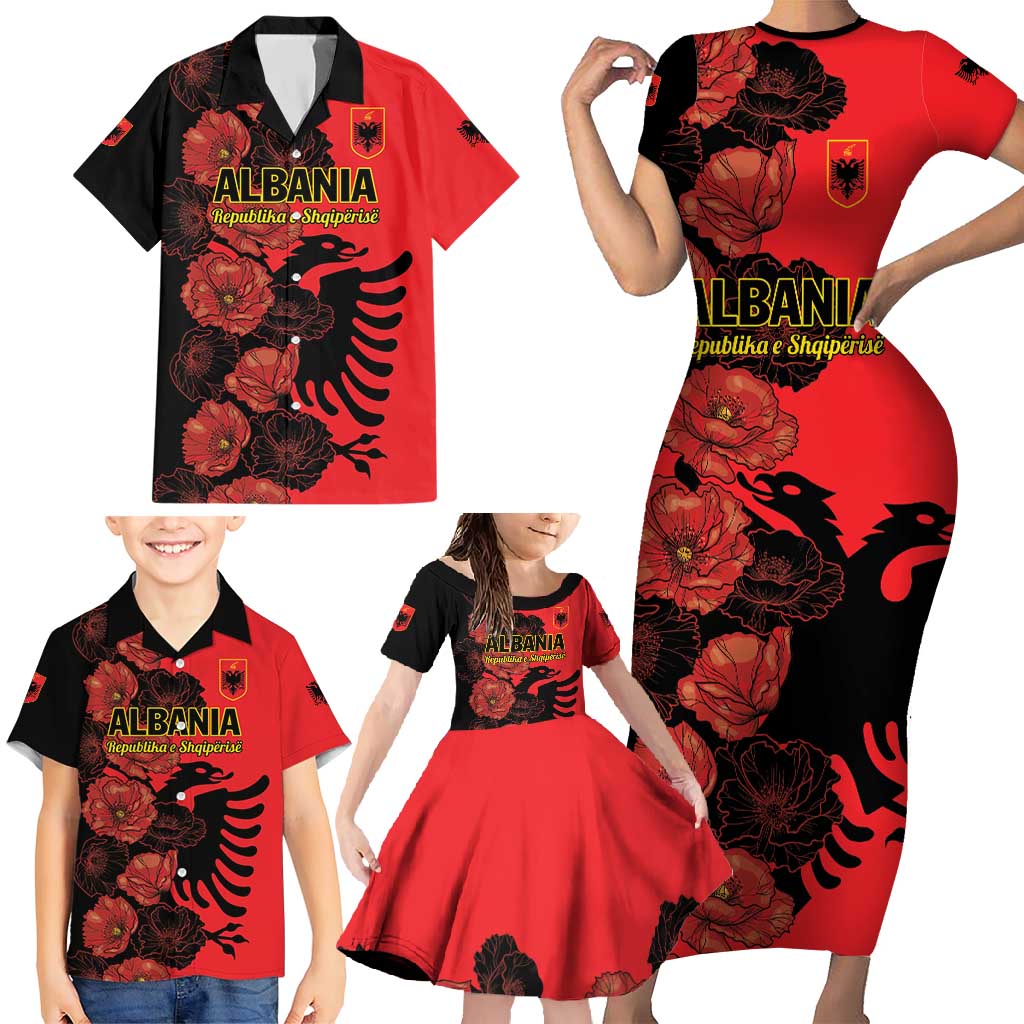 Personalised Albania Eagle Family Matching Short Sleeve Bodycon Dress and Hawaiian Shirt Red Poppy Flowers - Wonder Print Shop