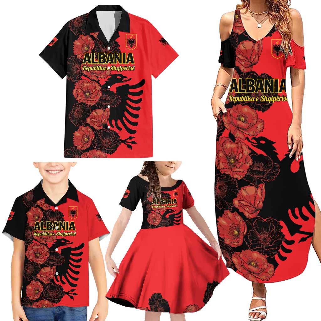 Personalised Albania Eagle Family Matching Summer Maxi Dress and Hawaiian Shirt Red Poppy Flowers - Wonder Print Shop