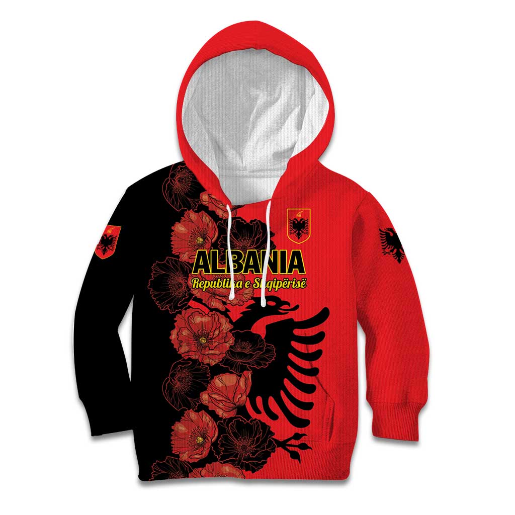 Personalised Albania Eagle Kid Hoodie Red Poppy Flowers - Wonder Print Shop