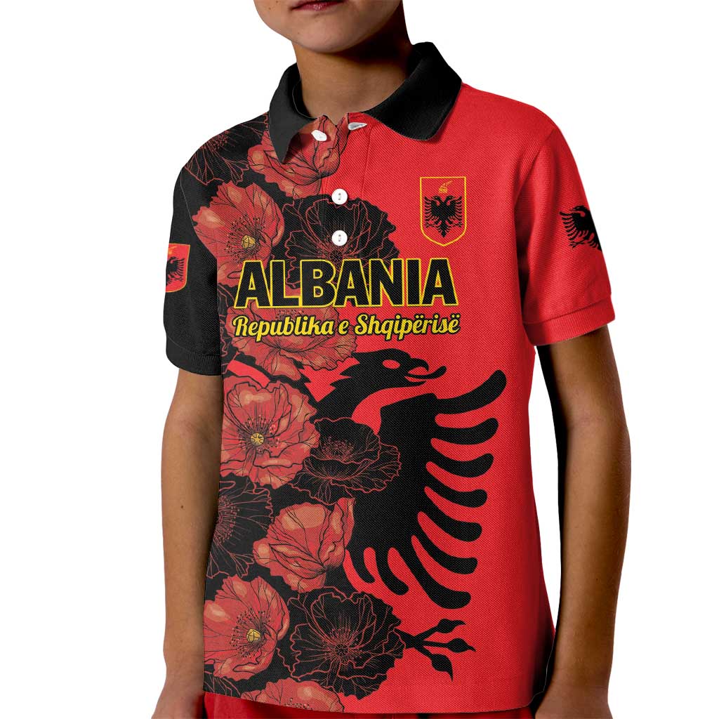 Personalised Albania Eagle Kid Polo Shirt Red Poppy Flowers - Wonder Print Shop