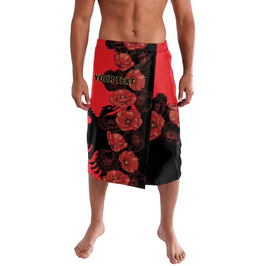 Red and black floral swim shorts with custom text panel on front