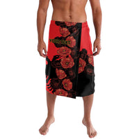 Red and black floral swim shorts with custom text panel on front