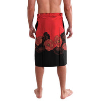 Red and black floral swim shorts with solid red top and black bottom