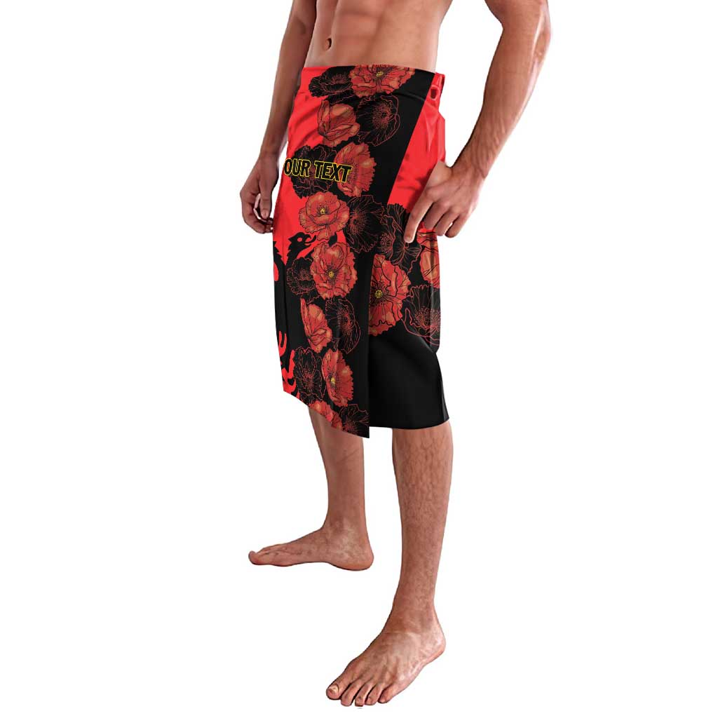 Red and black floral swim shorts with front custom text panel and side seam