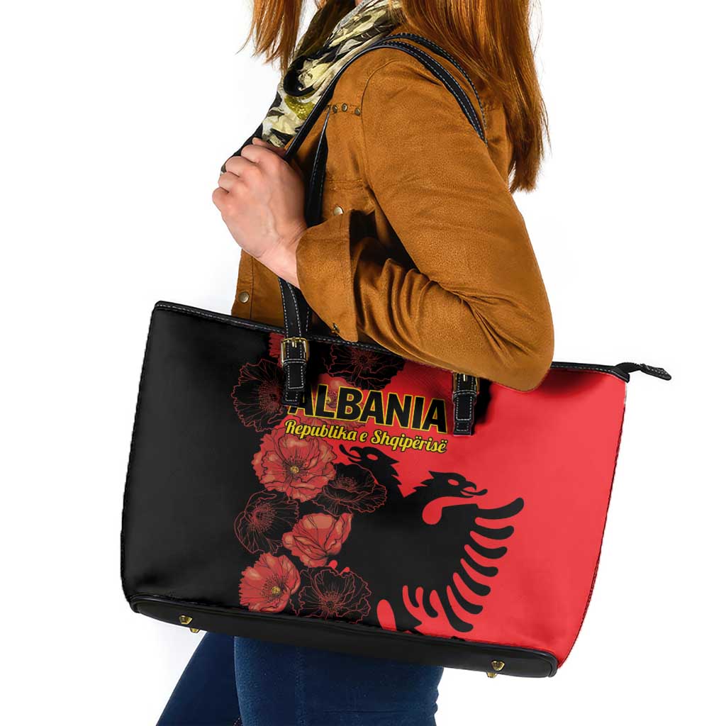 Albania Eagle Leather Tote Bag Red Poppy Flowers - Wonder Print Shop