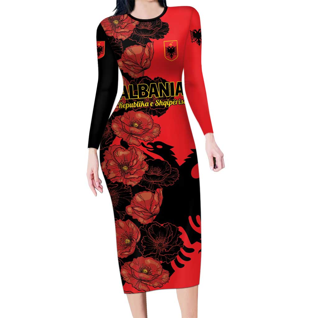 Personalised Albania Eagle Long Sleeve Bodycon Dress Red Poppy Flowers - Wonder Print Shop