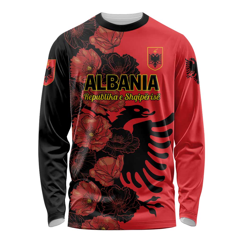 Personalised Albania Eagle Long Sleeve Shirt Red Poppy Flowers - Wonder Print Shop