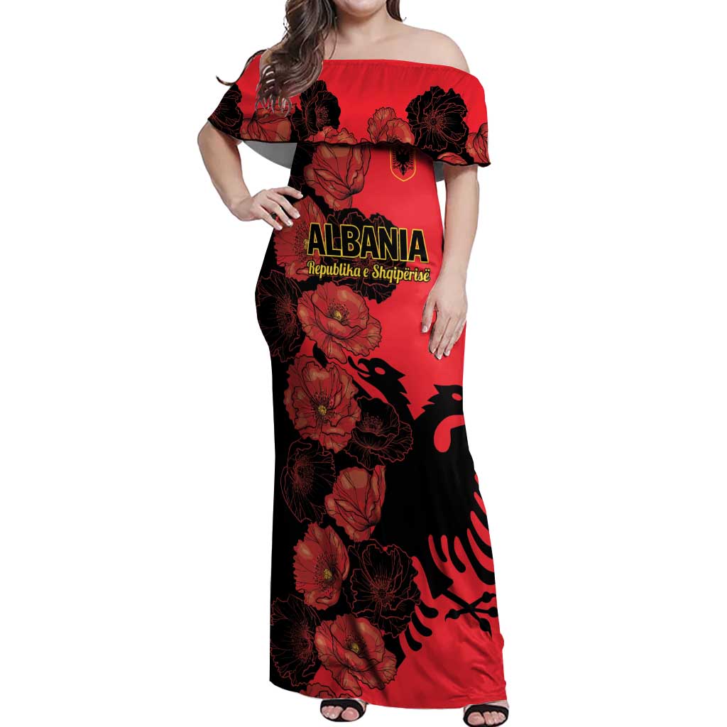 Personalised Albania Eagle Off Shoulder Maxi Dress Red Poppy Flowers - Wonder Print Shop